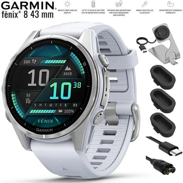 Garmin Fenix 8 43 mm AMOLED Silver with Whitestone Band + Charging Dock Bundle