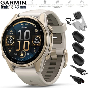Garmin Fenix 8 43 mm AMOLED Gold with Fog Gray Band + Charging Dock Bundle