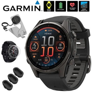 Garmin Fenix 8 43mm Smartwatch, Sapphire, Carbon Gray DLC Titanium + Accessories Bundle