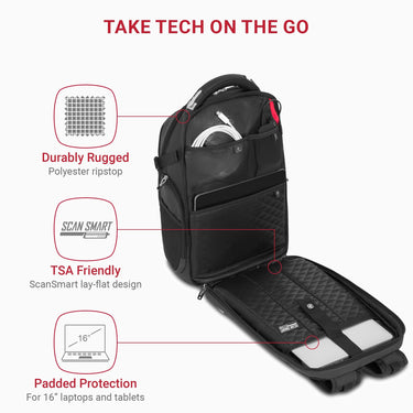 Swiss Gear Travel Tech Elite USB ScanSmart Laptop Backpack, Fits Laptops up to 16", Black