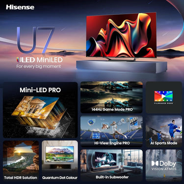Hisense 85 Inch U7 Series Mini-LED ULED QLED Google Smart TV (2024) Refurbished