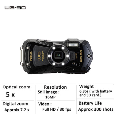 Pentax WG-90 Waterproof Digital Camera, Shockproof, Dustproof, Freezeproof - Black