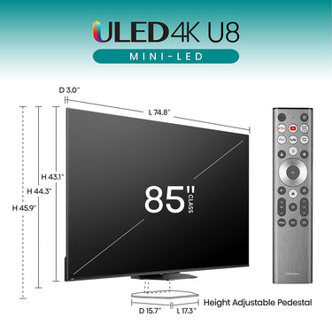 Hisense 85 Inch U8 Series Mini-LED ULED 4K UHD Google Smart TV (2024 - Refurbished)