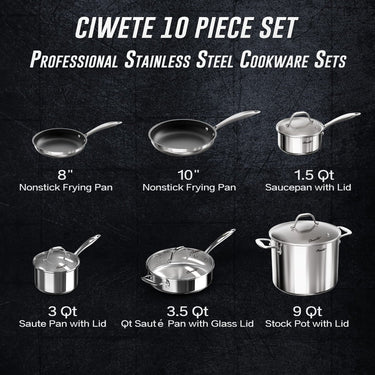 Ciwete 10-Piece Stainless Steel Pots and Pans Induction Cookware Set