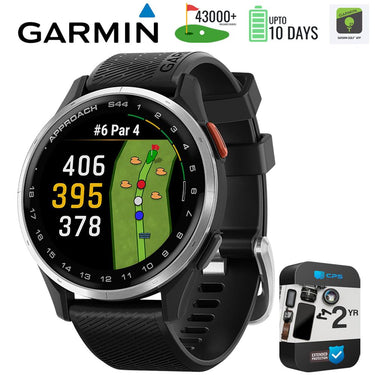 Garmin Approach S44 GPS Golf Smartwatch, Silver Aluminum Bezel + 2 YR Warranty Bundle