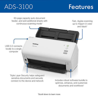 Brother High-Speed Desktop Scanner in White - ADS3100