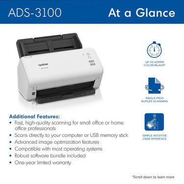 Brother High-Speed Desktop Scanner in White - ADS3100