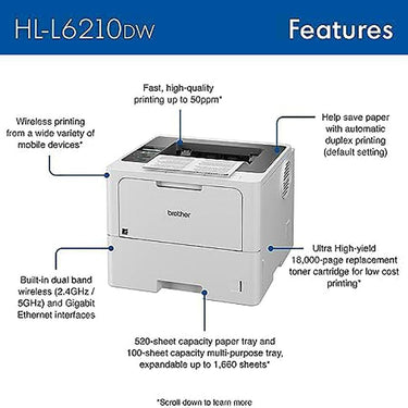 Brother Business Monochrome Laser Printer with Large Paper Capacity +Toner 2Pack
