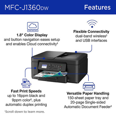 Brother Work Smart 1360 Wireless Color Inkjet All-in-One Printer + Color Cartridges