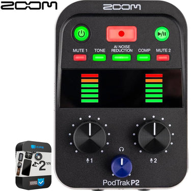 Zoom PodTrak P2 Dual USB Mic Portable Podcast Recorder with 2 Year Warranty