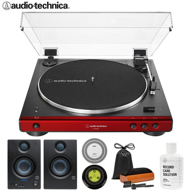 Audio-Technica AT-LP60XBT-RD Belt-Drive Bluetooth Turntable + Studio Monitors + Record Care Kit