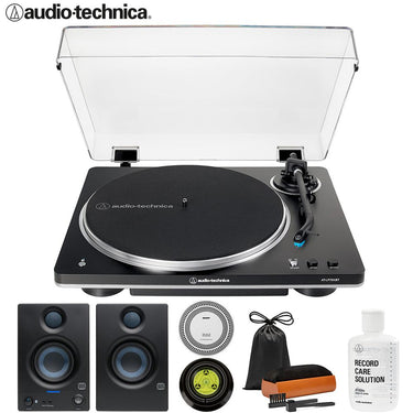 Audio-Technica AT-LP70XBT-BS Wireless Belt-Drive Turntable +Studio Monitors +Record Care Bundle