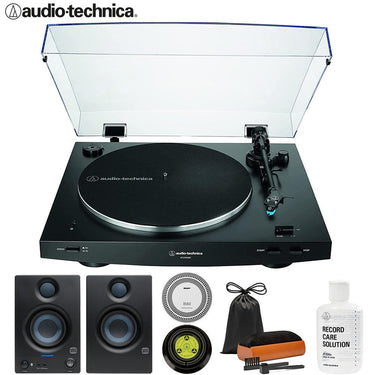 Audio-Technica AT-LP3XBT-BK Wireless Belt-drive Turntable + Studio Monitors +Record Care Bundle