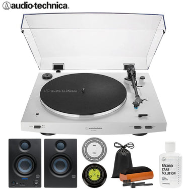 Audio-Technica AT-LP3XBT-WH Wireless Belt-drive Turntable + Studio Monitors +Record Care Bundle