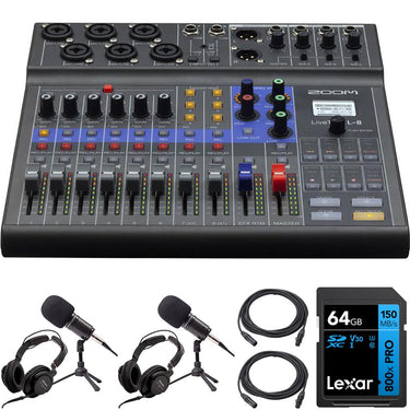 Zoom LiveTrak L-8 8-Channel Digital Mixer and Recorder w/ ZDM-1 Podcast Mic Bundle