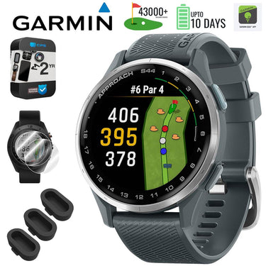 Garmin Approach S44 GPS Golf Smartwatch, Silver Aluminum Bezel + 2 YR Warranty Bundle