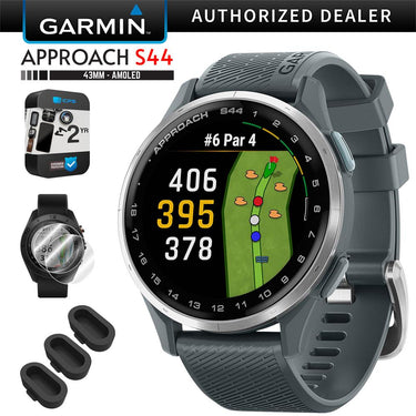 Garmin Approach S44 GPS Golf Smartwatch, Silver Aluminum Bezel + 2 YR Warranty Bundle