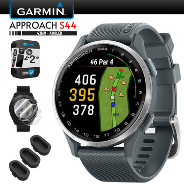 Garmin Approach S44 GPS Golf Smartwatch, Silver Aluminum Bezel + 2 YR Warranty Bundle