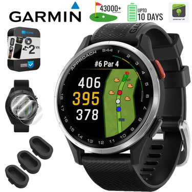 Garmin Approach S44 GPS Golf Smartwatch, Silver Aluminum Bezel + 2 YR Warranty Bundle