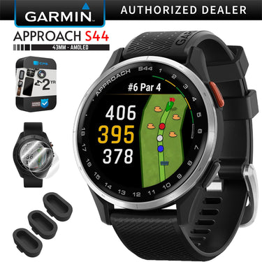 Garmin Approach S44 GPS Golf Smartwatch, Silver Aluminum Bezel + 2 YR Warranty Bundle