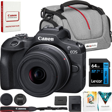 Canon EOS R100 Mirrorless Camera + RF-S18-45mm F4.5-6.3 Lens + 64GB Memory Bundle