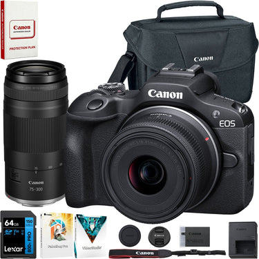 Canon EOS R100 Camera Double Zoom Lens Kit w/RF-S18-45/RF75-300mm + 64GB Bundle