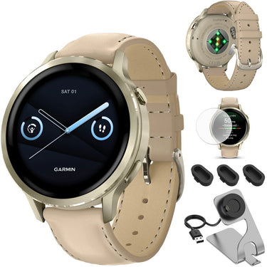 Garmin Venu 4 41mm GPS Smartwatch Lunar Gold Bundle + Dock Dust Covers Screen Guards