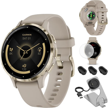 Garmin Venu 3S GPS Smartwatch Gold with Gray Case 41mm with Charging Dock Bundle