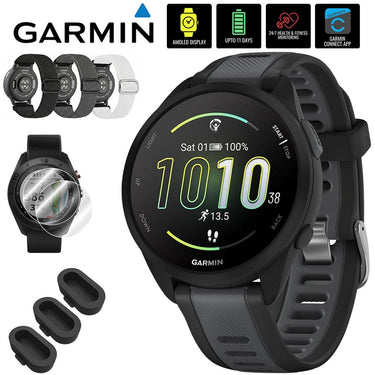 Garmin Forerunner 165 Smart Sport Watch, Black + Slate Gray w/ Accessories Bundle