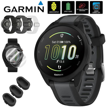 Garmin Forerunner 165 Music Smart Sport Watch, Black + Slate Gray w/ Accessories Bundle