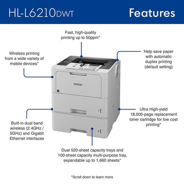 Brother HL-L6210DWT Business Monochrome Laser Printer, White