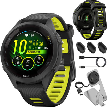 Garmin Forerunner 265S GPS Smartwatch Black/Amp Yellow with Charging Dock Bundle