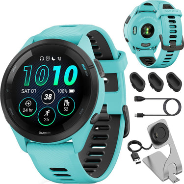 Garmin Forerunner 265 GPS Smartwatch, Aqua/Black + Charging Dock + Dust Cover Bundle