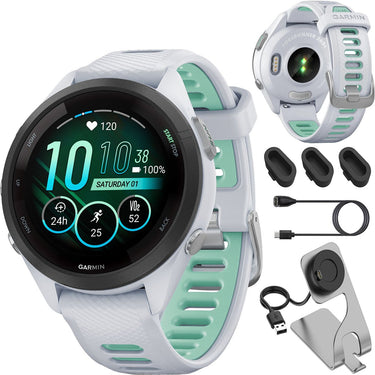 Garmin Forerunner 265S GPS Smartwatch Whitestone/Neo with Charging Dock Bundle