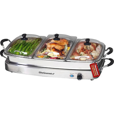 Elite Gourmet EWM-9933 7.5-Qt Triple Buffet Server and Warming Tray, Stainless Steel