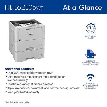 Brother HL-L6210DWT Business Printer with 26-Month Plan, HDMI & USB Cables