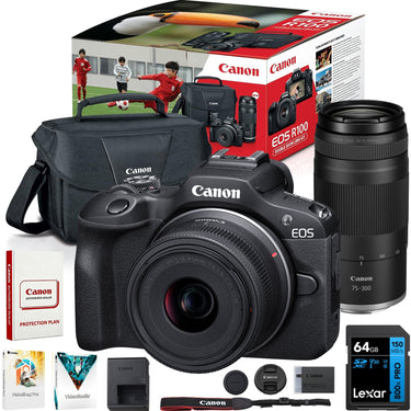 Canon EOS R100 Camera Double Zoom Lens Kit w/RF-S18-45/RF75-300mm + 64GB Bundle