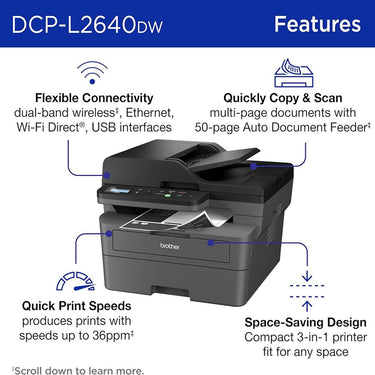Brother DCP-L2640DW Monochrome Laser Printer with 26-Month Plan, HDMI & USB Cables