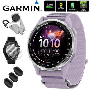 Garmin Approach J1 Silver Aluminum Bezel w/ Lilac Fabric Band +Accessories Bundle