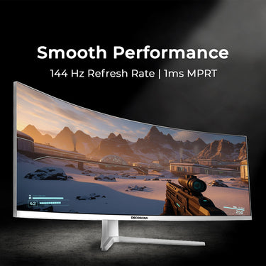 Deco Gear 49" Curved Ultrawide White Monitor, 3840x1080, 32:9, 144Hz, 1ms MPRT, PIP/PBP