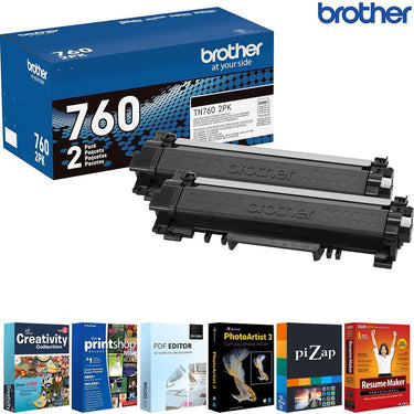 Brother TN760 High-Yield Toner Black 2 Pack + Tech Smart USA Printer Softwares