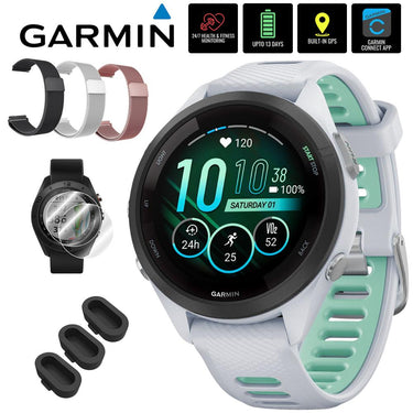 Garmin Forerunner 265S GPS Smartwatch, Whitestone/Neo Tropic w/ Accessories Bundle