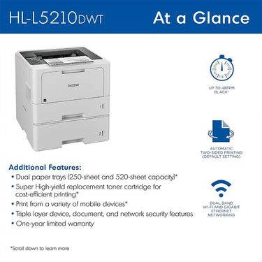 Brother Business Monochrome Laser Printer with Dual Paper Trays + Toner Black