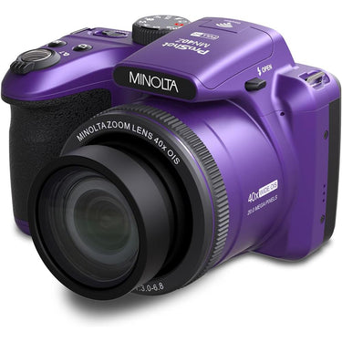 Minolta 20 MP / 1080P FHD Bridge Camera w/ 40x Zoom (Purple) + Bag and 64GB Card