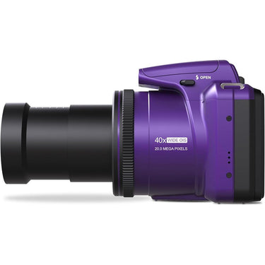 Minolta 20 MP / 1080P FHD Bridge Camera w/ 40x Zoom (Purple) + Bag and 64GB Card