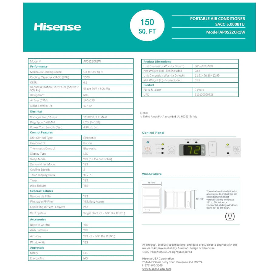Hisense  Portable Air Conditioner 5000-BTU DOE (115-Volt) White Vented (Refurbished)
