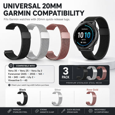 Deco Essentials 20mm Milanese Band Garmin Venu 3S/265S/255S/Lily 2 3-Pack
