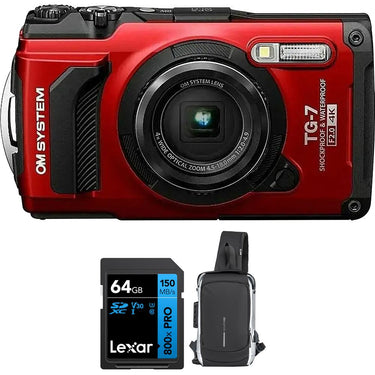 OM Systems Tough TG-7 12MP 4K Underwater Digital Camera (Red) Adventure 64GB Card Bundle