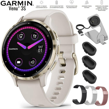 Garmin Venu 3S Fitness GPS Smartwatch Gold with Ivory Case 41mm + Bands Bundle