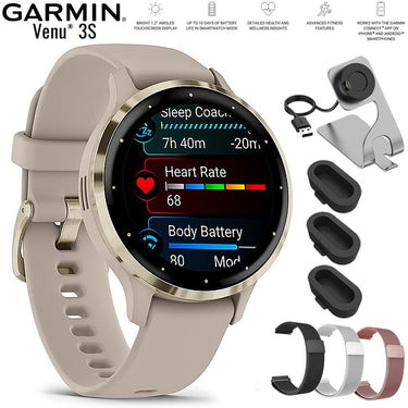 Garmin Venu 3S Health Fitness GPS Smartwatch Gold with Gray Case + Bands Bundle